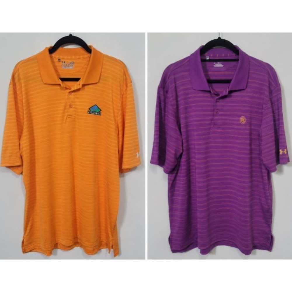 Under Armour Size LG Polo Shirt Trappers Turn Purple Orange Lot of 2 STriped